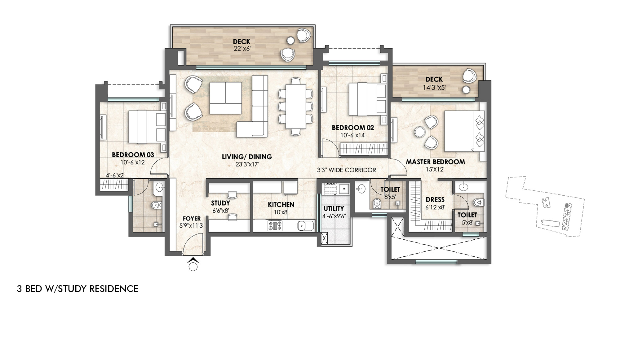 3 BHK + Study Floor Plan